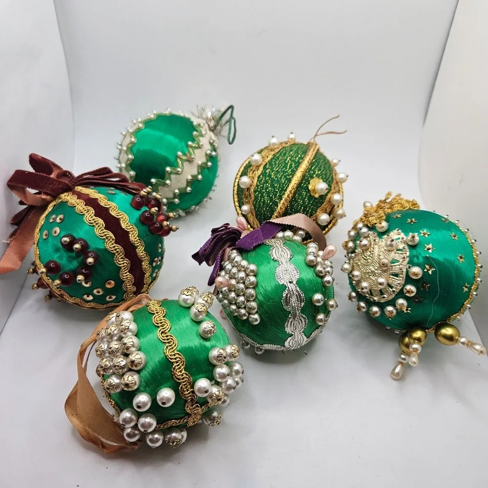 6 Vintage Handmade Satin Beaded Christmas Ball Ornaments Green Gold Pearl